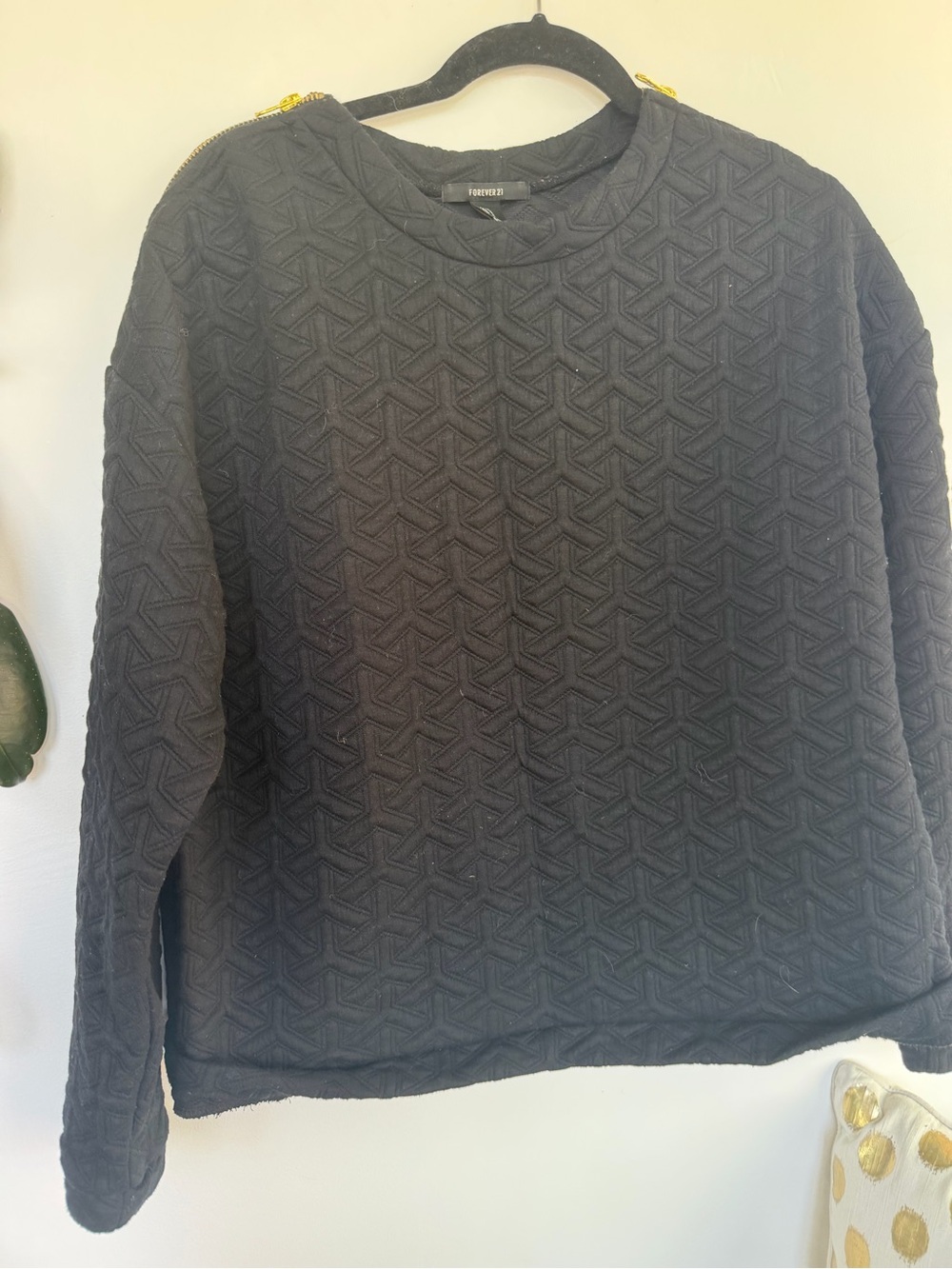 Forever 21 Black Quilted Crewneck Sweater with Gold Zipper Accents